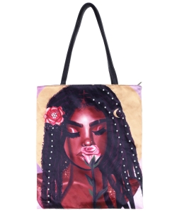 Women Print Sequined Tote Bag A039PP BLACK C